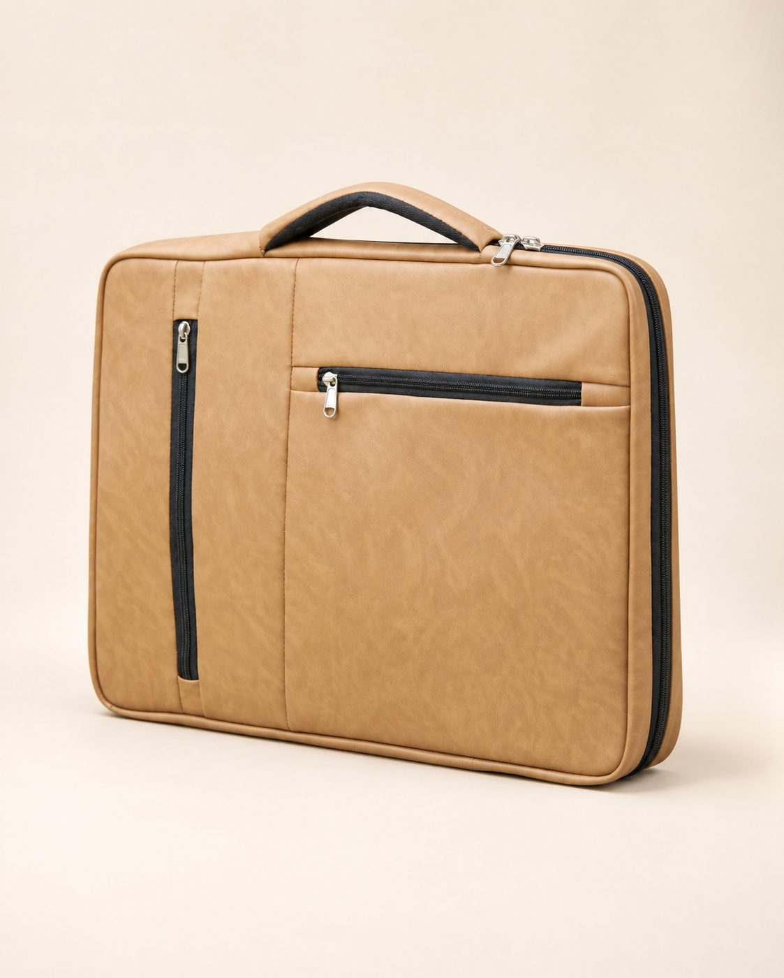 Tan structured office bag with front zip pockets